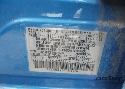 2021 Nissan Sentra Sv Xtronic Cvt z USA, uszkodzony, nr VIN 3N1AB8CV3MY318276